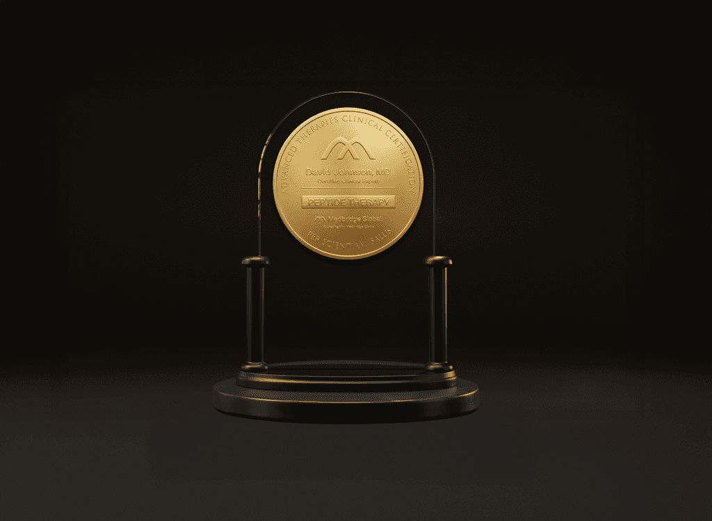 Peptide Therapy certification medallion on a display stand